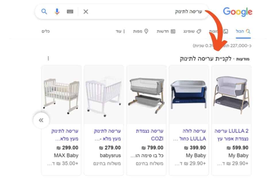 דף תוצאות חיפוש הראשון: מודעות שופינג בגוגל ברשת החיפוש של גוגל.